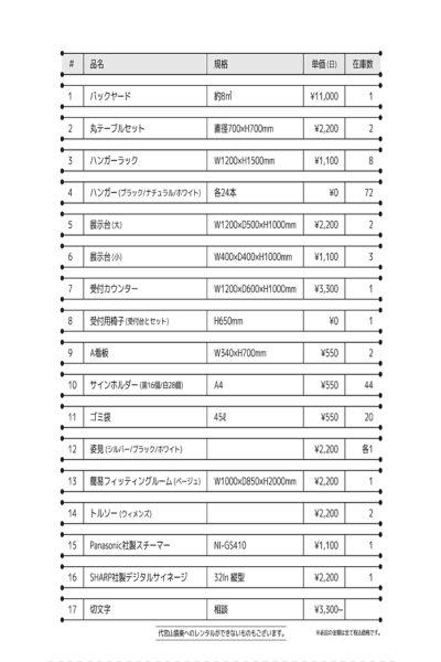 有料什器料金表