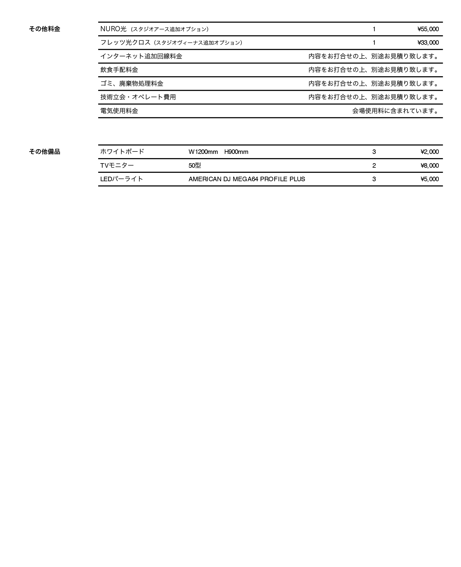 ロケーションハンティング™️ | SRT各種料金表使用規則改定_20260401_helvx イベントスペース・展示会場・ポップアップ・レンタルスタジオの会場予約 | 東京・表参道・原宿・渋谷・代官山・神宮前 請求書の明細表。‘その他料金’を含む各項目と金額が横に並ぶ黒縁の表です。短い内訳を示しています。