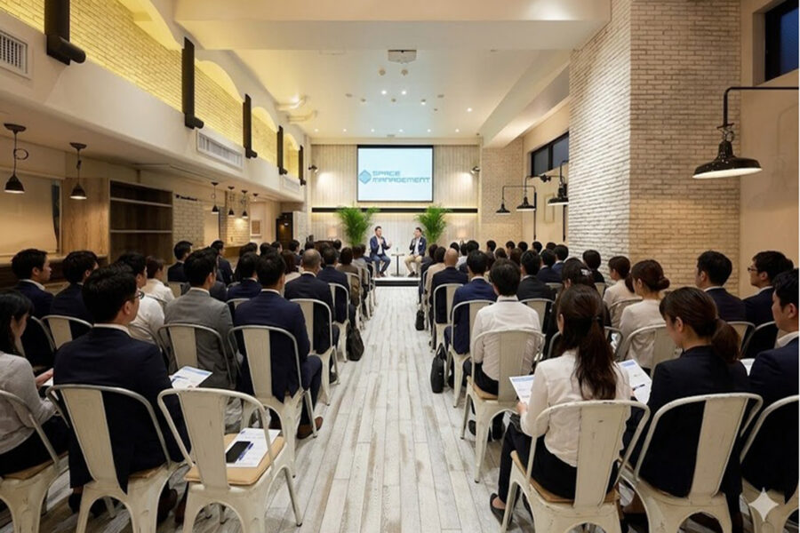 Business conference with two speakers on a stage addressing a large audience in a modern, well-lit hall