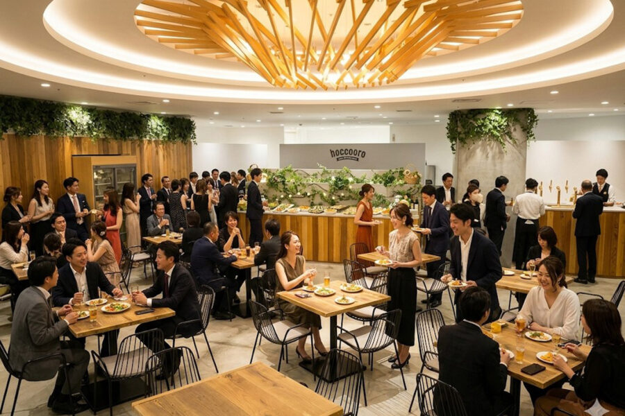 Large social gathering in a modern banquet hall with guests eating at wooden tables and a buffet line in the background under a circular wooden chandelier.
