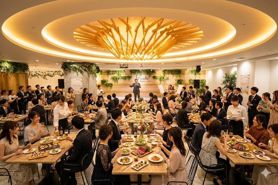 Banquet hall with dozens of guests in formal attire seated at long tables; a speaker on stage in back.