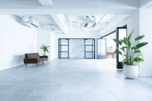 Modern office lobby with a brown sofa on the left, large potted plant on the right, and glass doors at the far end under an exposed ceiling.