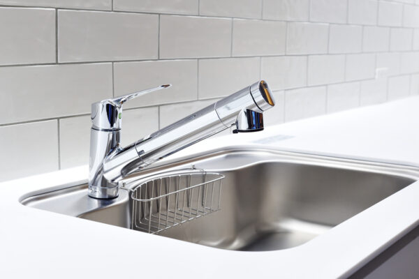 105 Chrome kitchen faucet mounted over a double-basin stainless sink with a small dish rack nearby in a bright, modern setting