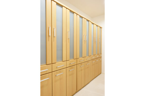Row of light wood storage cabinets with frosted glass doors and silver handles along a wall.